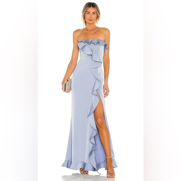 NBD Dresses & Skirts - NEW Revolve NBD Luna Strapless Ruffle Gown Blue Satin Maxi Dress Size Medium NWT